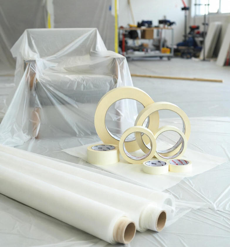 Cinta de enmascarar profesional en varios tamaños. Bordes limpios y retirada sin residuos.